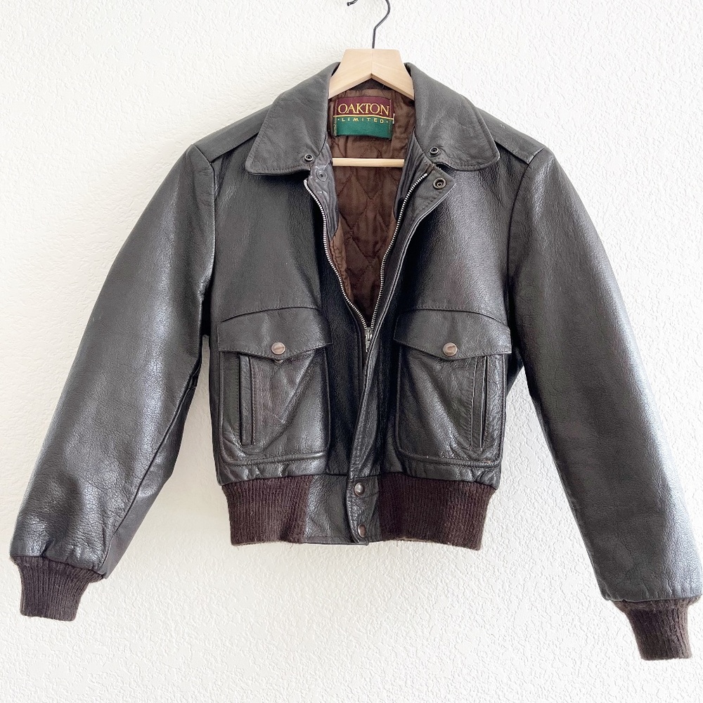 Vintage Oakton Limited Quilt Lined Brown Leather Bomber Jacket. Size Small